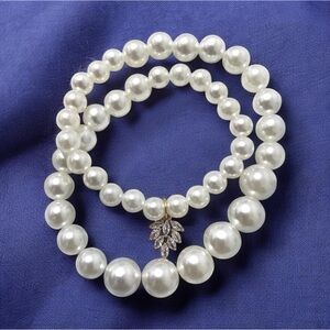 Classic Faux Pearl Lightweight Necklace with Gold Plated Blue Charm 14”